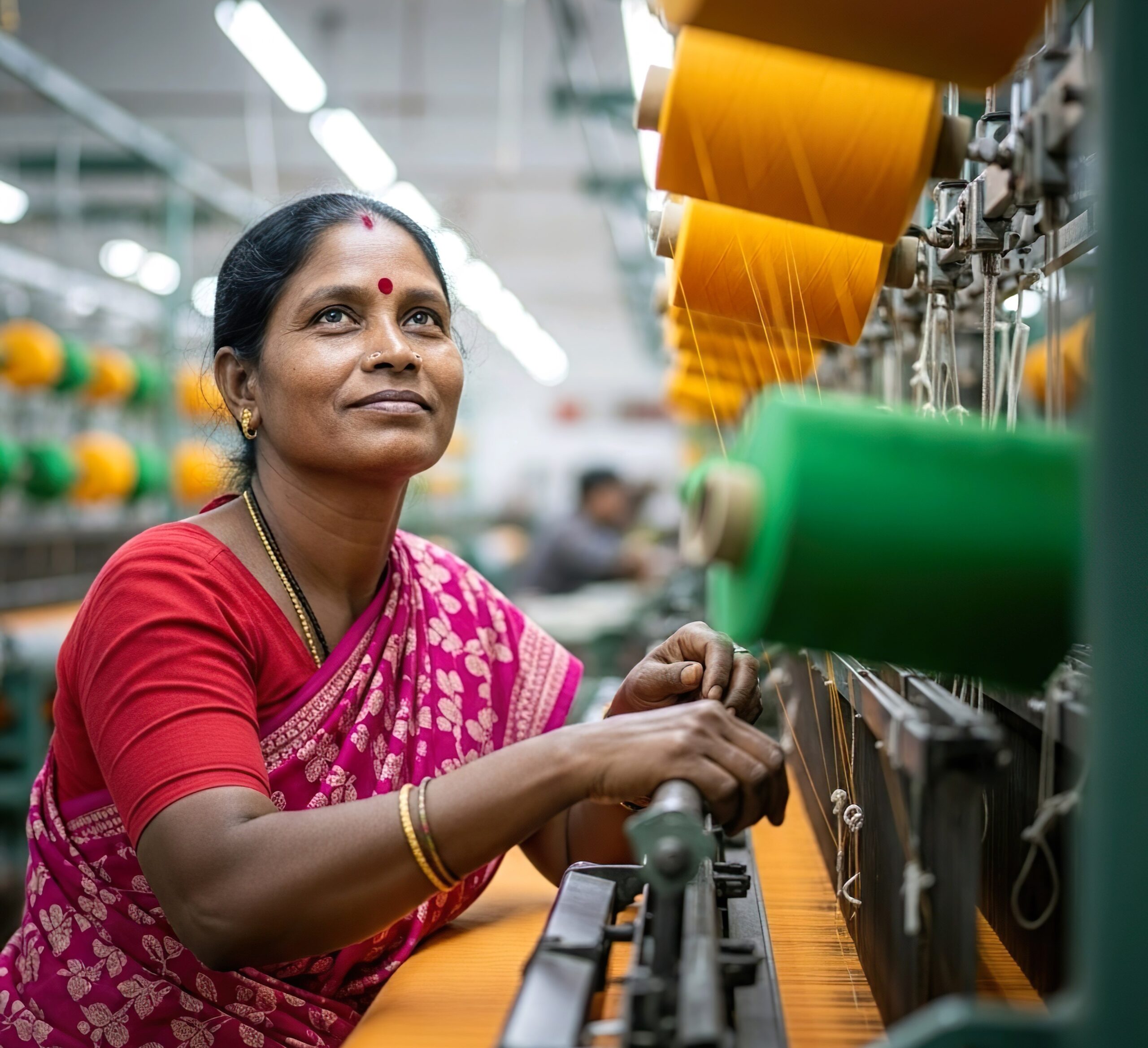 Indian Woman Textile Worker Operating Weaving Loom Yellow Green Yarn